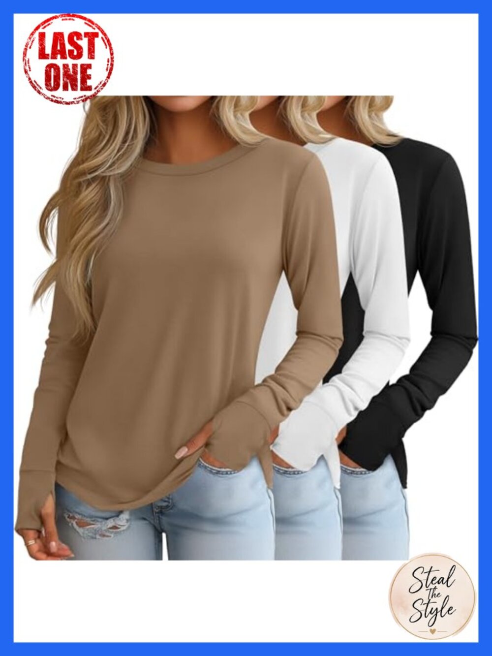 3 Pack Womens Long Sleeve Cotton Shirts with Thumb Holes Crew Neck Tunics